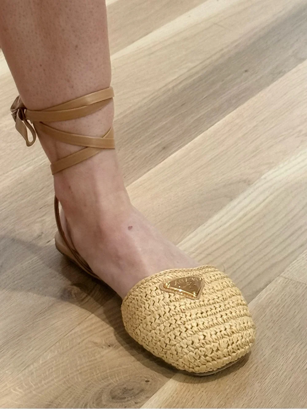 Prada Raffia Woven Wrap Up Sandals